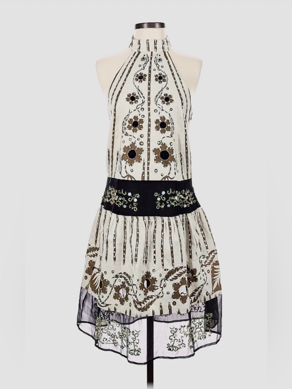 EUC Vtg CYNTHIA ROWLEY Linen Embellished Floral Halter Dress 2 Ivory/Black/Tan